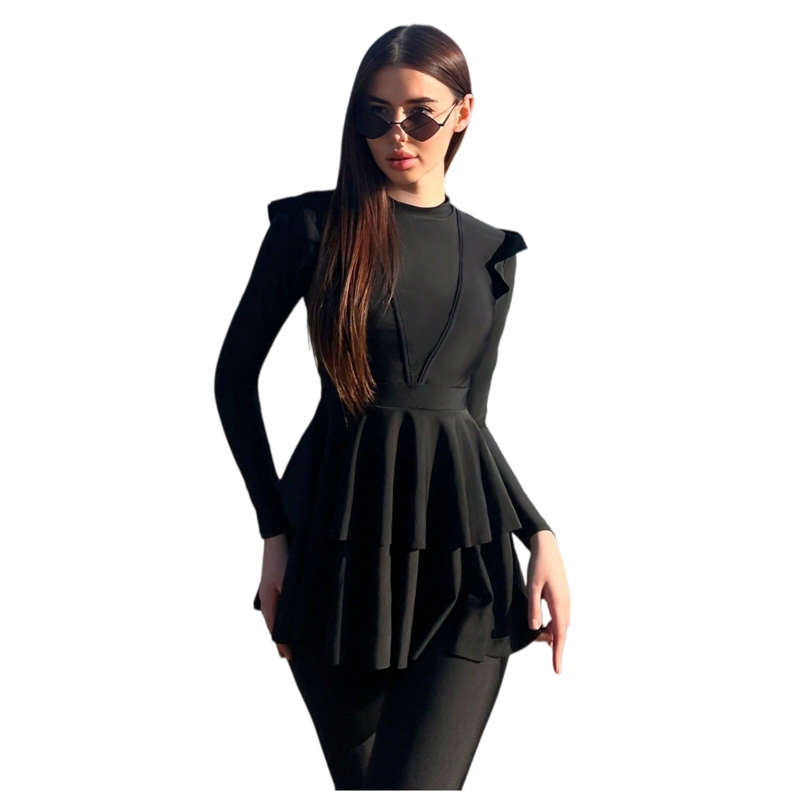 Women 2 Piece Ruffle Modest Swimsuit - Long Sleeves Conservative Bathing Suit
